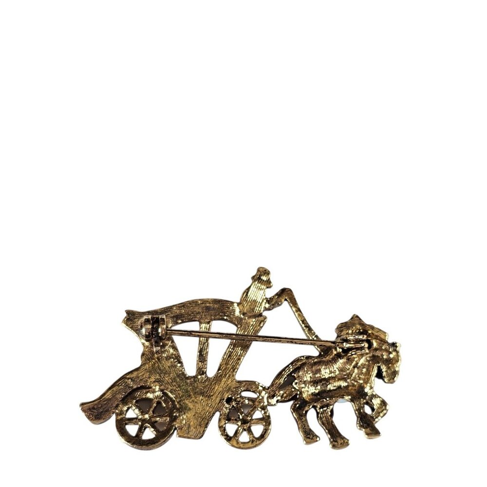 Vintage Horse & Carriage Brooch Gold Tone Enamel Rhinestone Victorian Style Pin - Picture 2 of 5